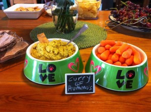 Curried hummus in doggie bowls. 